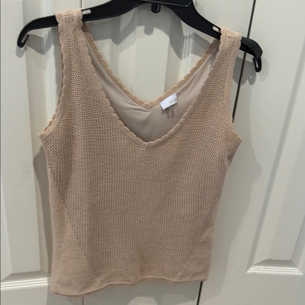 ecru Knit V-Neck Lined Tank Top in Light Beige